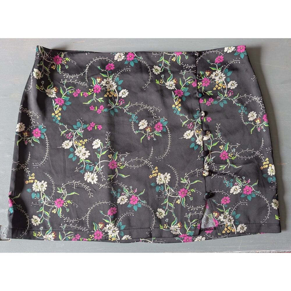 Urban Outfitters Floral Black Mini Skirt w/ Side Button Detail
